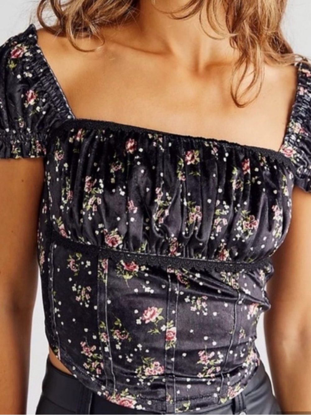 Free People Black Floral Puff Sleeve Velvet Corset Top